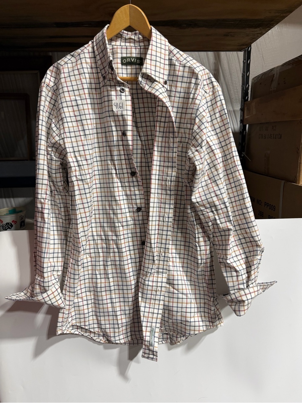 #4161-Orvis Men's Plaid Button-Up Shirt - White with Blue & Brown Check